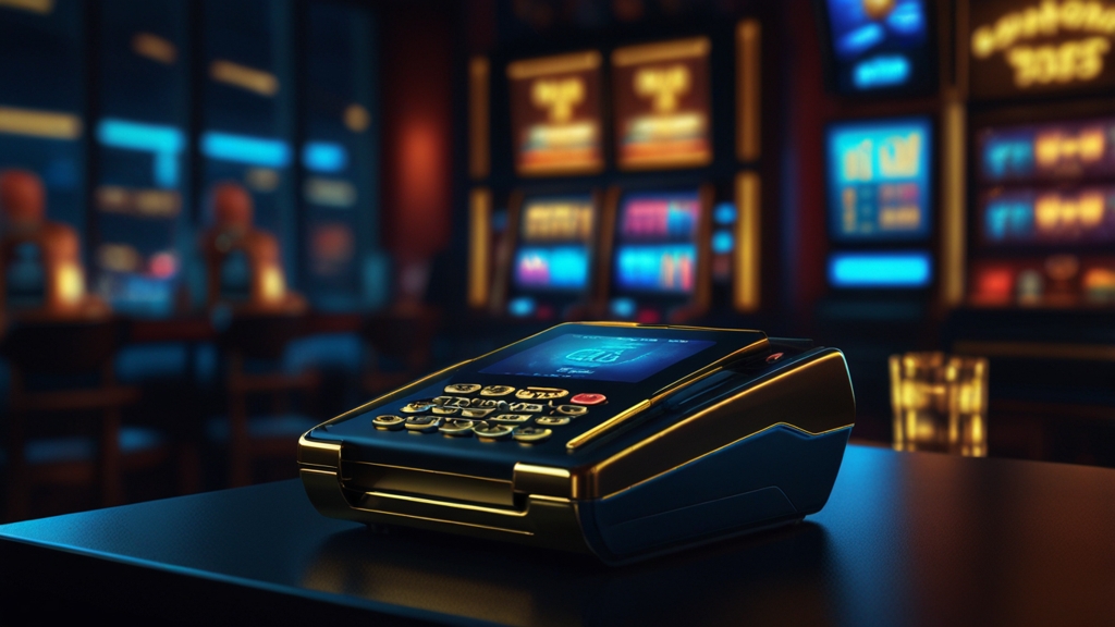 Terminal de paiement lumineux avec cartes et jetons dans un casino sombre