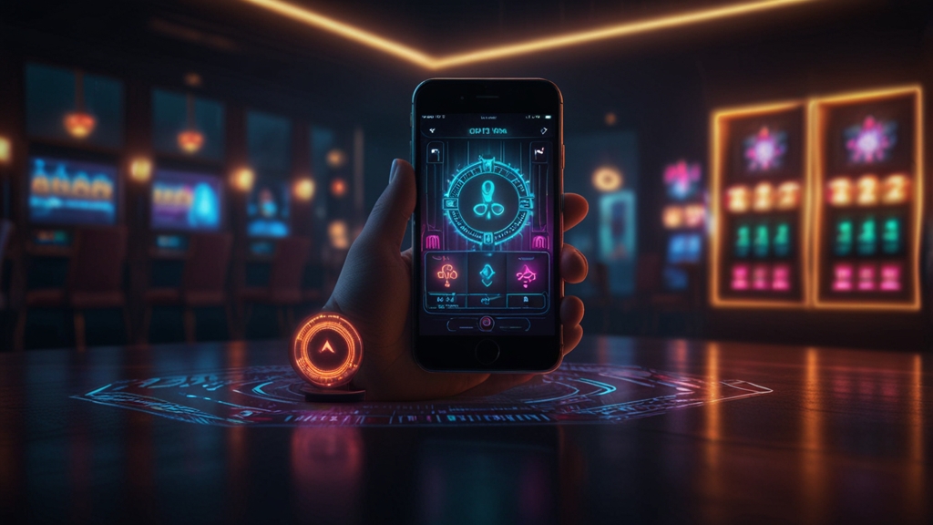 Téléphone dans un décor de casino sombre avec conseils de sécurité et de performance mobile
