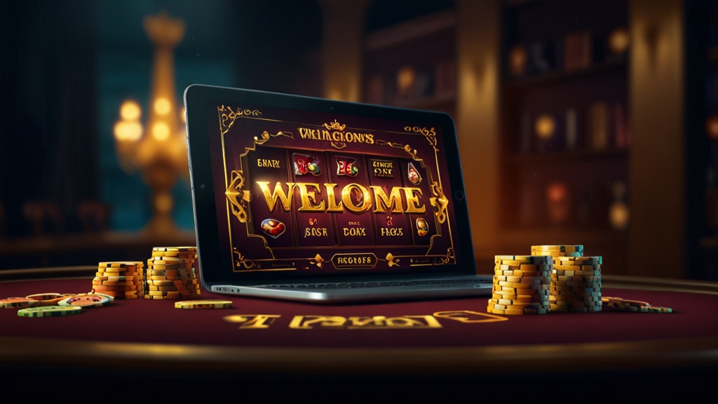 Offre de bienvenue lumineuse dans une ambiance casino sombre avec écran de bonus et jetons