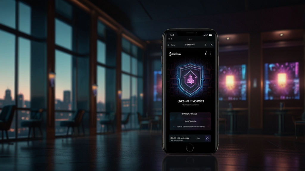 Téléphone affichant un téléchargement sûr de l’application sur fond de casino sombre